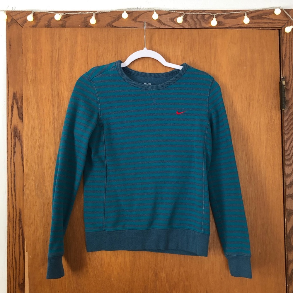 Nike Athletic Blue Teal Striped Crewneck Sweater